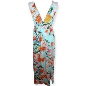 REVAMPED TURQUOISE/MINT FLORAL PLUNGE NECK MAXI DRESS  SZ.S NWT